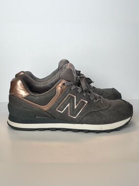 NEW BALANCE 574 Women's Gray Leather Metallic Rose Gold Sneakers Size 7